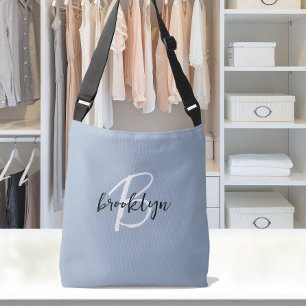 Trendy Dusty Blue Black White Script Monogram  Crossbody Bag