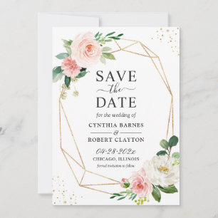 Trendy Dusty Blue Blush Pink Floral Gold Geometric Save The Date