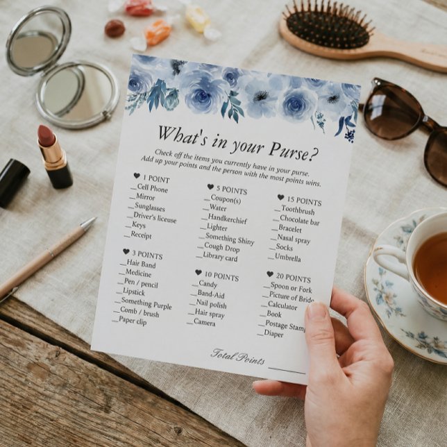 Trendy Dusty Blue Floral What's In Your Purse Game Flyer (Creator Uploaded)