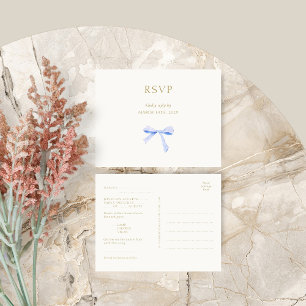 Trendy Dusty Blue Ribbon Wedding RSVP Postcard
