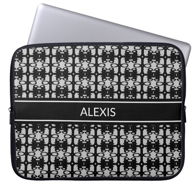 Trendy Editable Black & Silver Abstract Pattern Laptop Sleeve (Front)