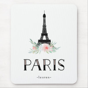 Trendy Eiffel Tower and Blush Pink Flowers   Paris Mouse Pad