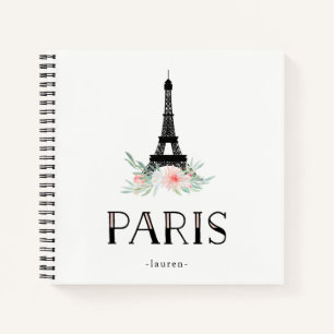 Trendy Eiffel Tower and Blush Pink Flowers Paris Notebook