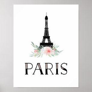Trendy Eiffel Tower and Blush Pink Flowers   Paris Poster