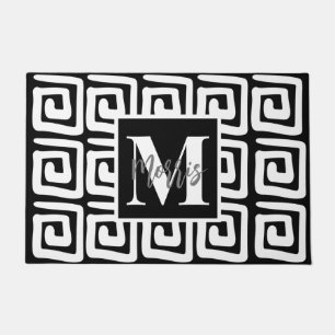 Trendy elegant black and white monogram greek key doormat