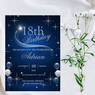 Trendy Elegant Blue Silver Birthday Invitation