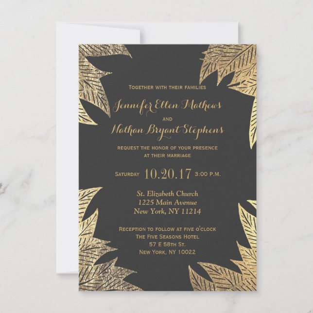 Trendy Elegant Gold Faux Drawn Leaf Pattern Invitation (Front)