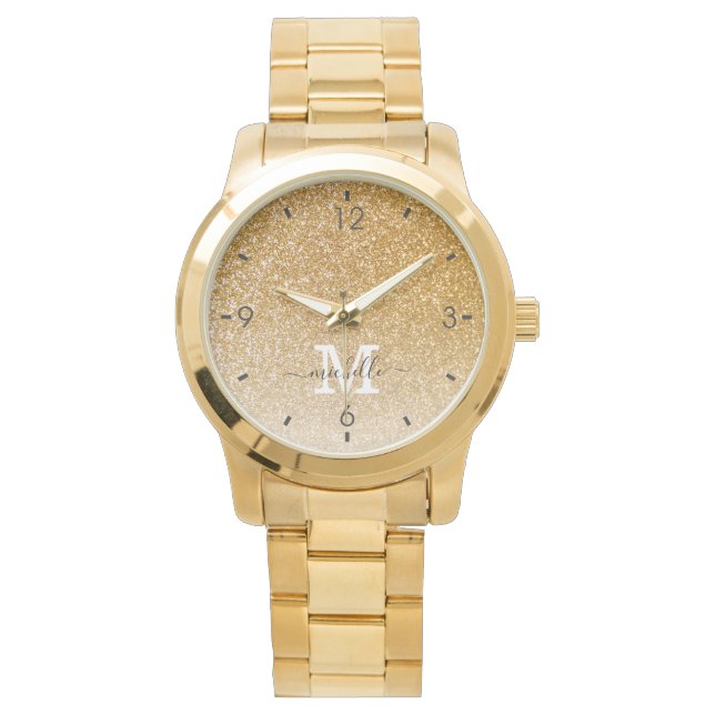 Trendy Elegant Gold Glitter Monogram First Name  Watch (Front)