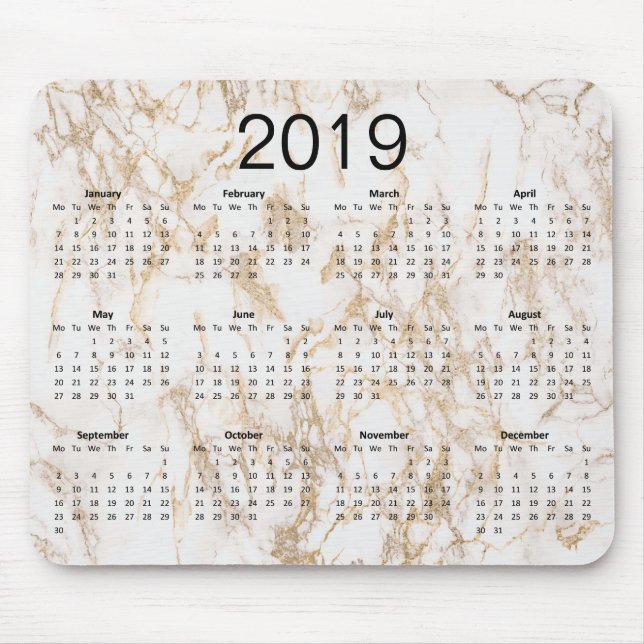 Trendy Elegant Gold Marble 2019 Calendar Mouse Pad (Front)