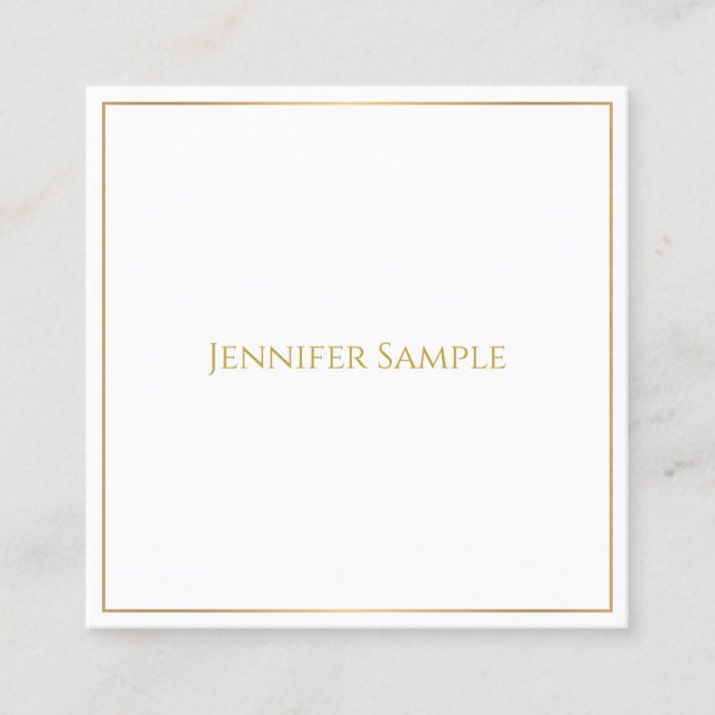 Trendy Elegant Gold Text White Template Modern Square Business Card (Front)