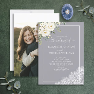 Trendy Elegant Grey Rustic Script Photo Wedding Invitation