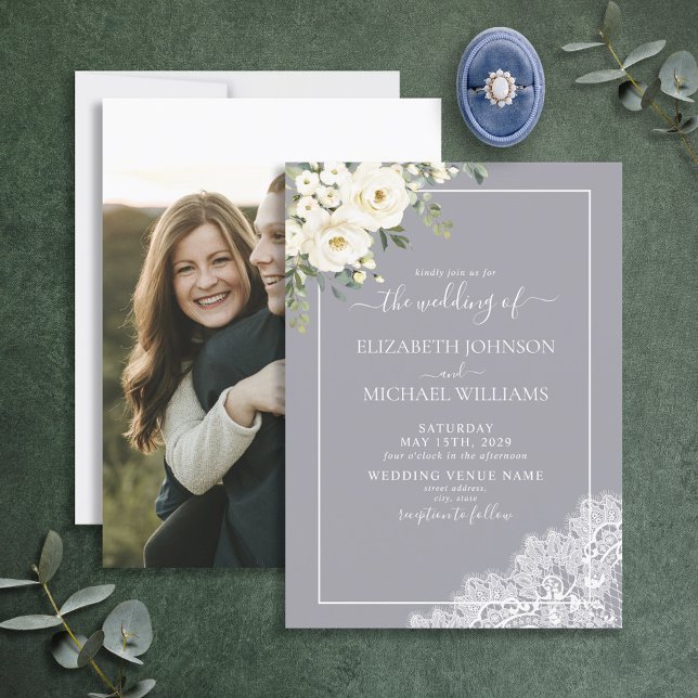 Trendy Elegant Grey Rustic Script Photo Wedding Invitation (Creator Uploaded)