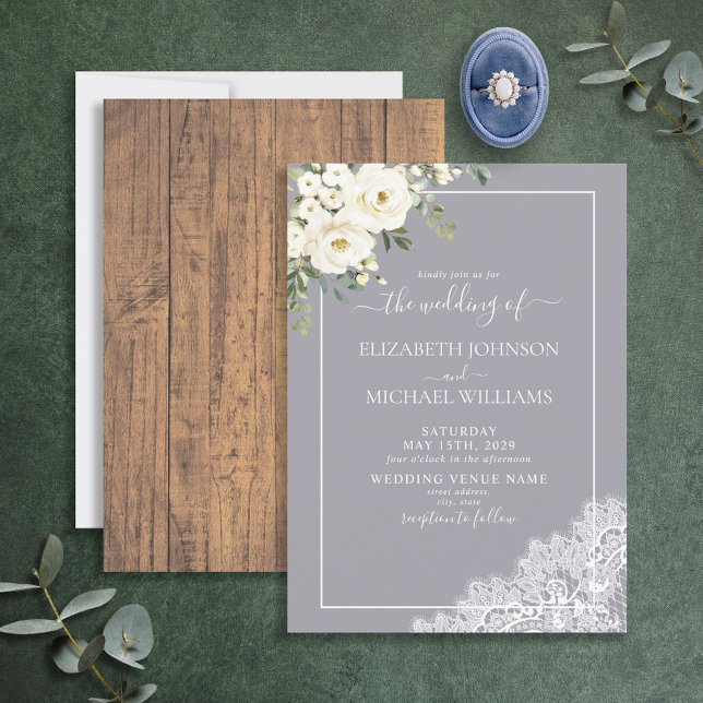 Trendy Elegant Grey Rustic Wood Script Wedding Invitation (Creator Uploaded)