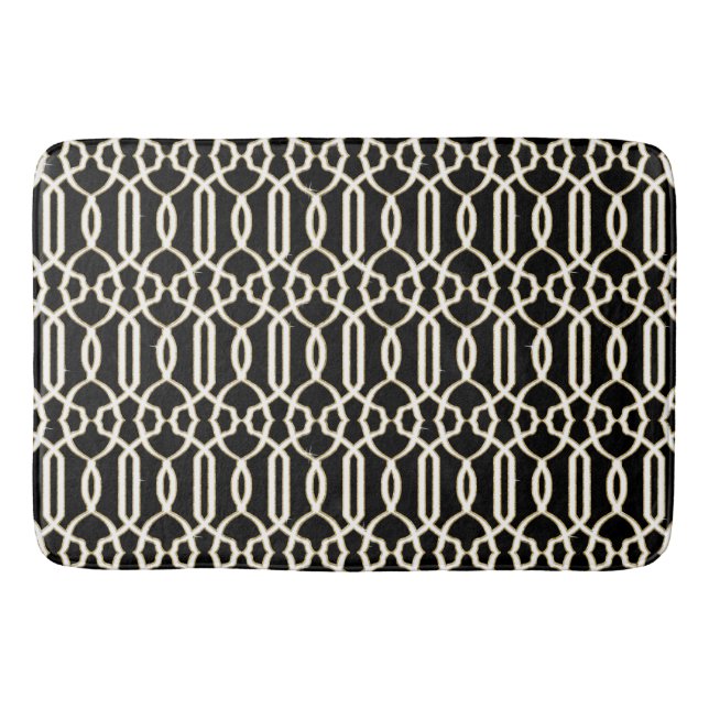 Trendy Elegant Lattice Trellis Pattern Black White Bath Mat (Front)