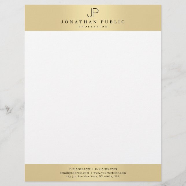 Trendy Elegant Monogram Modern Glamour Faux Gold Letterhead (Front)