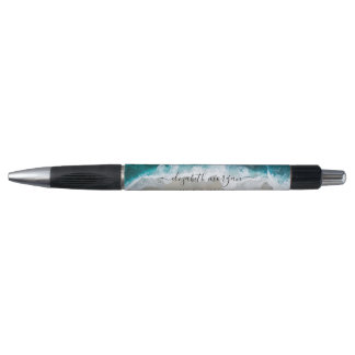 Trendy Elegant Script Beach Green Blue Name Pen
