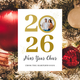 Trendy Elegant Script Happy New Year One Photo Holiday Card