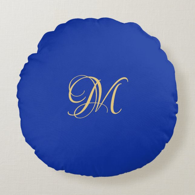 Trendy Elegant Solid Royal Blue Name Monogram Round Pillow (Front)