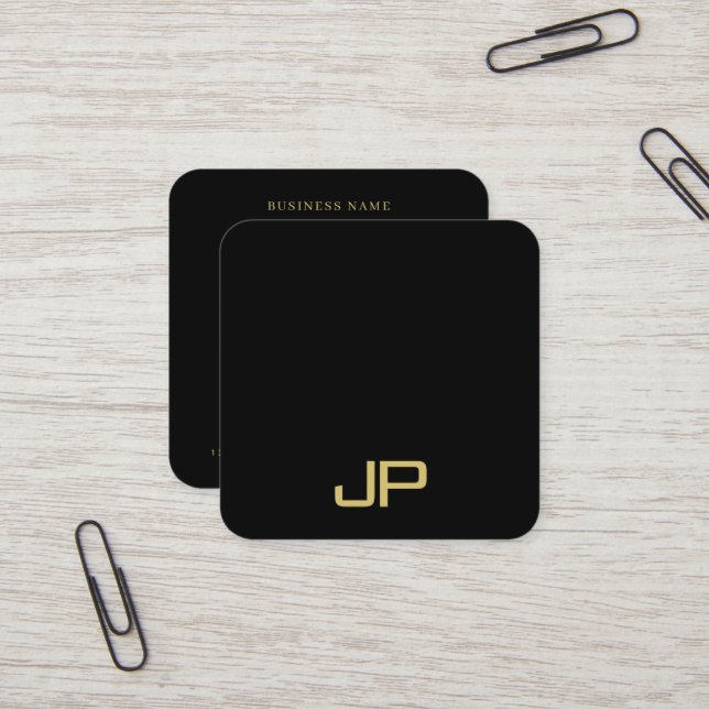 Trendy Elegant Template Monogram Black And Gold Square Business Card (Front/Back In Situ)