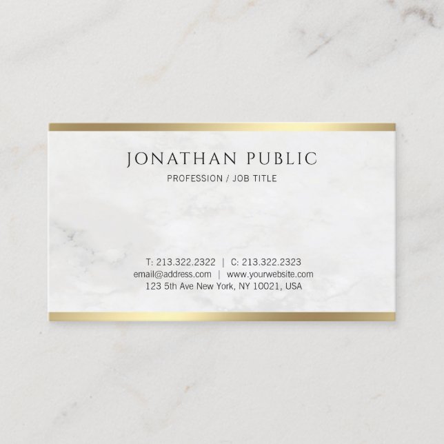 Trendy Elegant White Marble Modern Gold Template Business Card (Front)