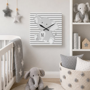 Trendy Elephant Monogram grey and white stripes Square Wall Clock