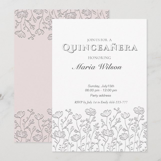 Trendy Embossed modern floral Quinceañera Invitation (Front/Back)