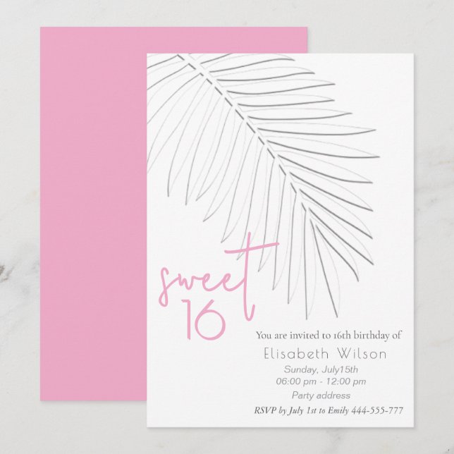 Trendy Embossed palm minimalist  script sweet 16  Invitation (Front/Back)