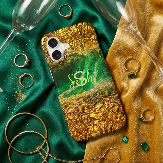 Trendy Emerald Green Faux Gold Foil Agate Monogram (Creator Uploaded)