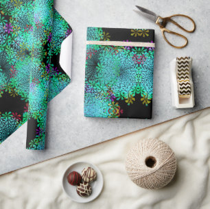 Trendy Emerald Green Fractal on Black Wrapping Paper