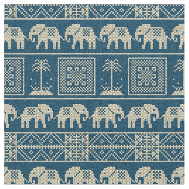 Trendy Ethnic Elephants Blue and white pattern Fabric (Close Up)