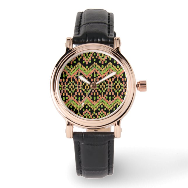 Trendy Ethnic Ikat Pattern on Black to Customize Watch (Front)