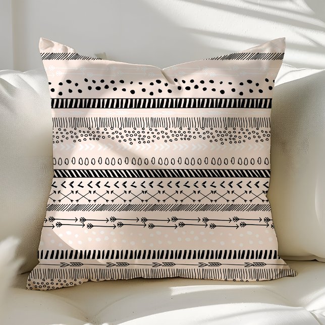 Trendy Ethnic Tribal Boho Blush Pink Black Pattern Throw Pillow (Creator Uploaded)