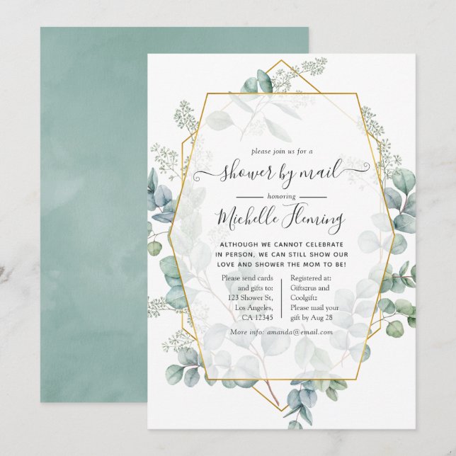 Trendy Eucalyptus Geometric Baby Shower by Mail Invitation (Front/Back)