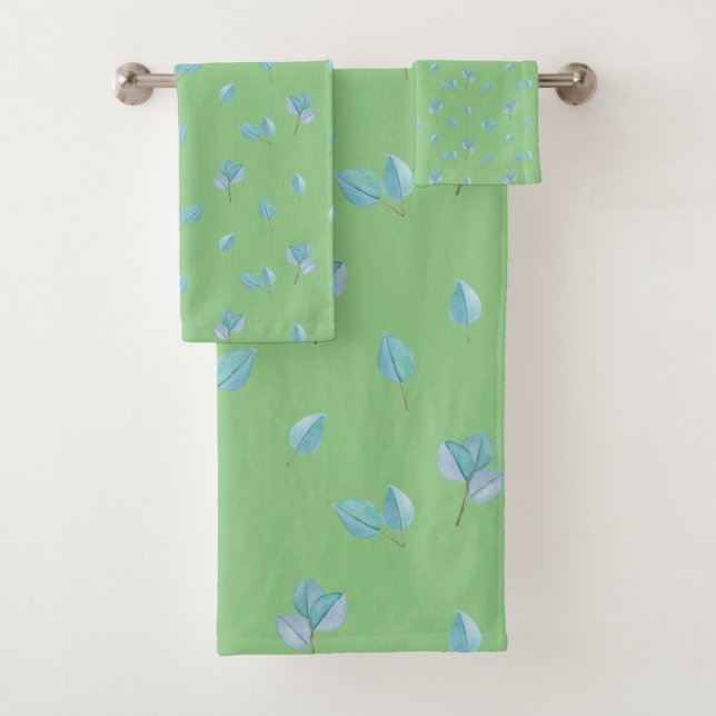 Trendy Eucalyptus Leaves On Sage  Bath Towel Set (Insitu)