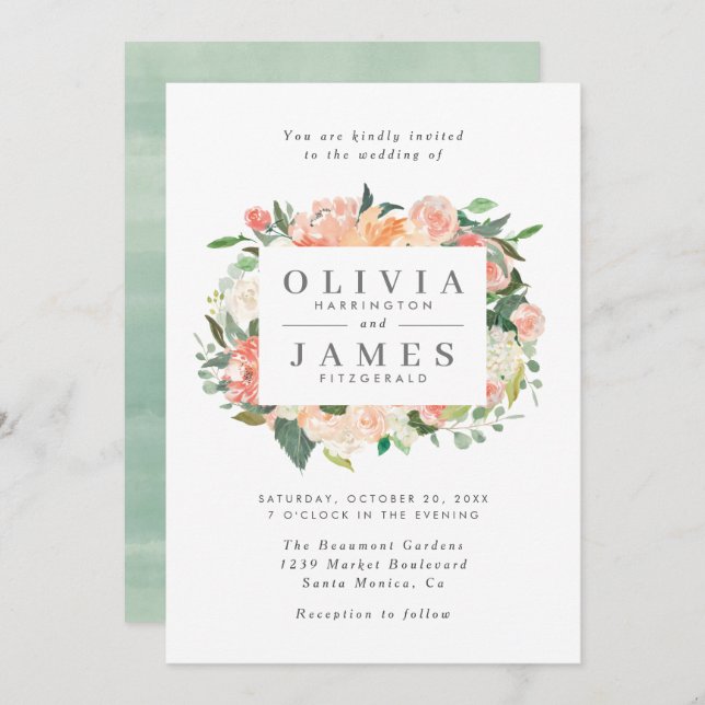 Trendy Eucalyptus Peach Watercolor Floral Wedding Invitation (Front/Back)