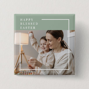 Trendy Family Photo   Green Happy Blessed Easter  2 Inch Square Button
