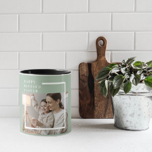 Trendy Family Photo   Green Happy Blessed Easter  Mug
