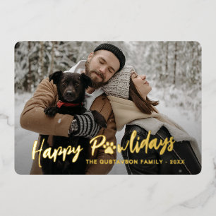 Trendy Family Photograph with Pet Paw Print Gold Foil Holiday Card