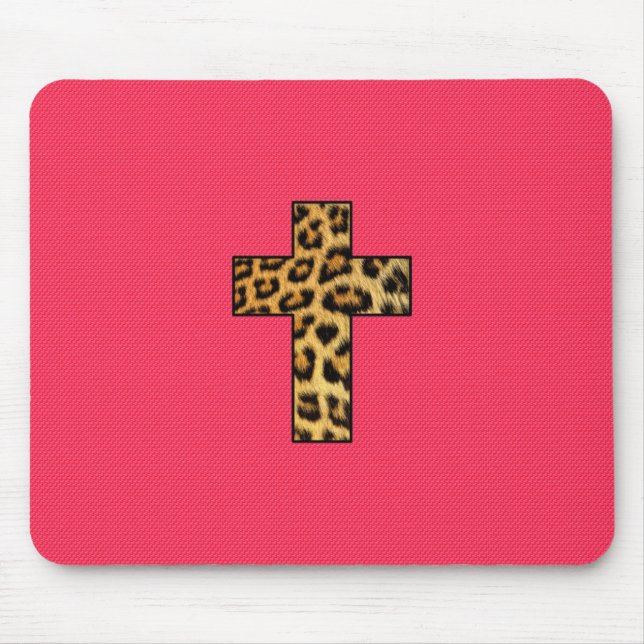 Trendy Fashion Cheetah Print Cross on Pink Neon Mouse Pad (Front)