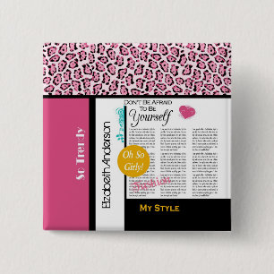 Trendy Fashion Newsprint Pink Leopard and Name 2 Inch Square Button