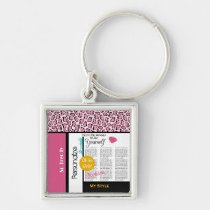 Trendy Fashion Newsprint Pink Leopard and Name Keychain