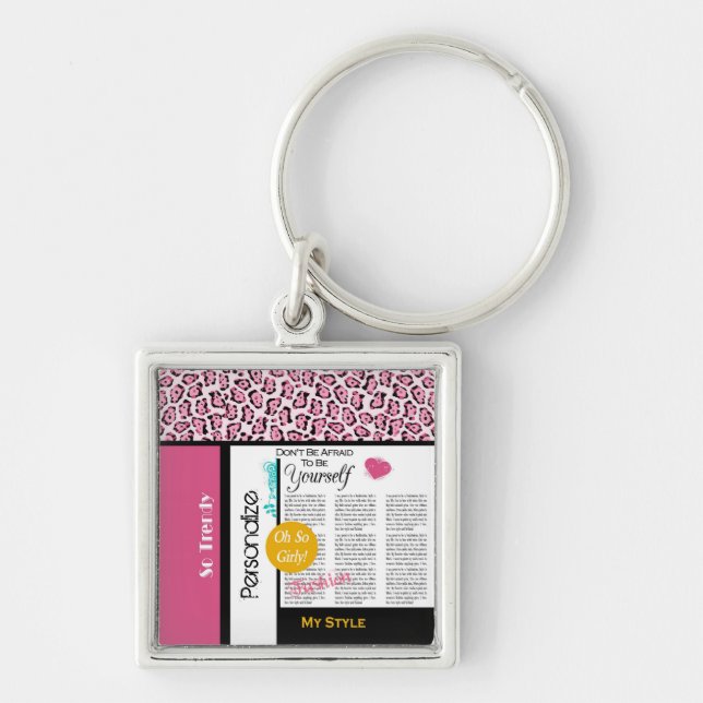 Trendy Fashion Newsprint Pink Leopard and Name Keychain (Front)