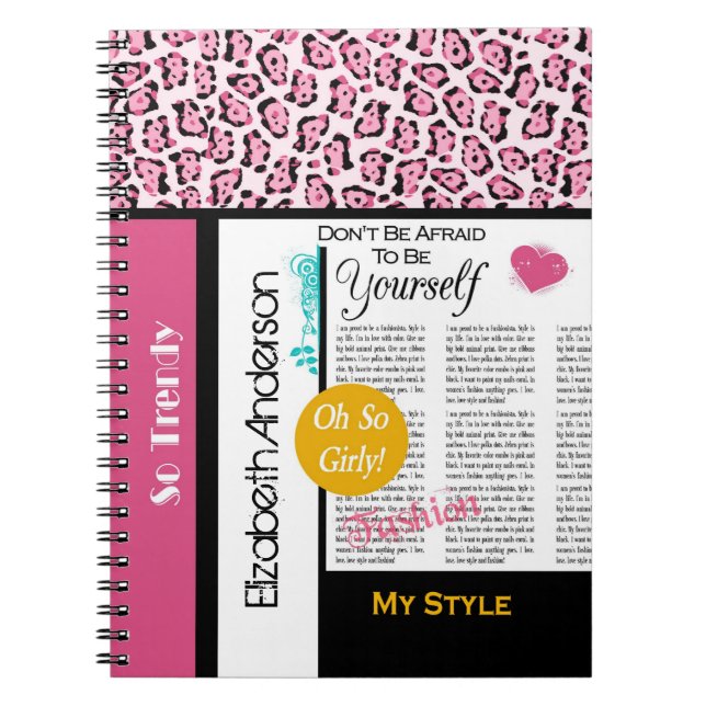 Trendy Fashion Newsprint Pink Leopard and Name Notebook (Front)