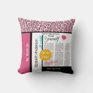 Trendy Fashion Newsprint Pink Leopard and Name Throw Pillow