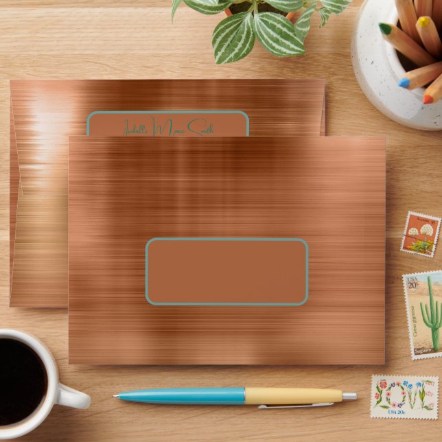 Trendy Faux Copper Metallic Teal Invitation Envelope (Desk)