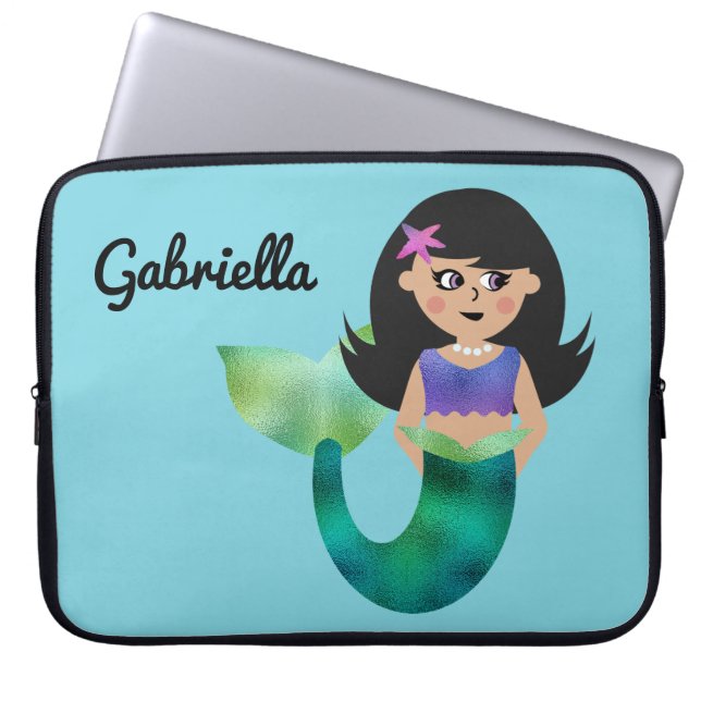 Trendy Faux Foil Latino Mermaid Personalized Kids Laptop Sleeve (Front)