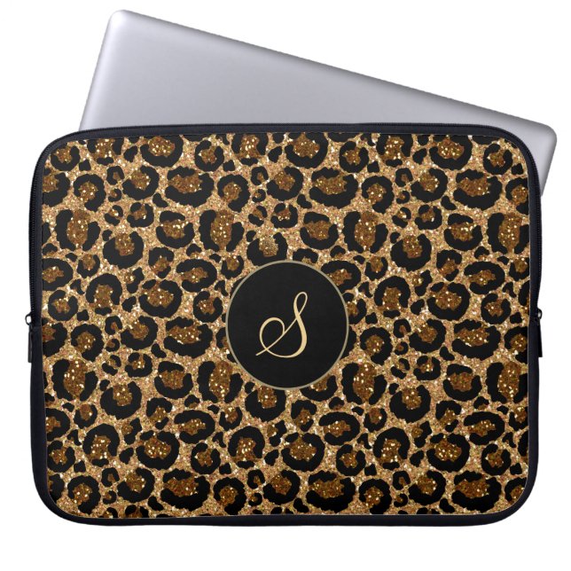 Trendy Faux Glitter Leopard with Monogram Laptop Sleeve (Front)