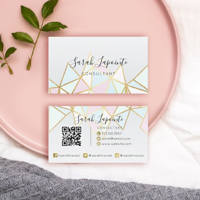 Trendy Faux Gold & Pastel Geometric QR code Business Card (Creator Uploaded)