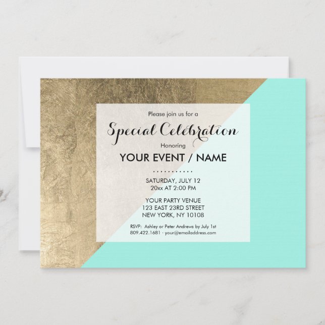 Trendy faux gold turquoise modern chic colour bloc invitation (Front)