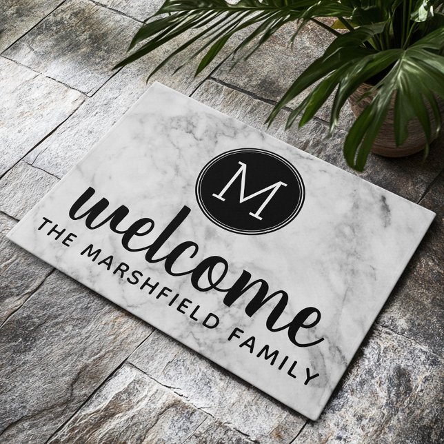Trendy Faux Marble with Custom Family Monogram Doormat (Custom Welcome Mat)